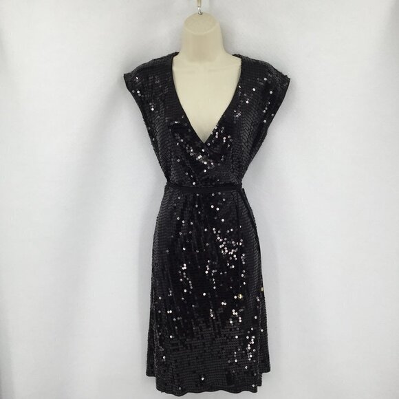 Michael Kors black sequin wrap cocktail dress cap sleeves glitter Small - Picture 1 of 5